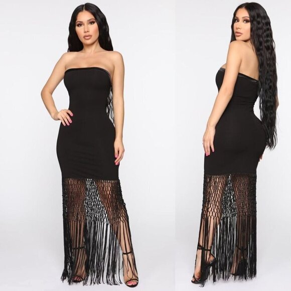 Fashion Nova Dresses & Skirts - NEW Fashion Nova Farrah Crochet Tassel Fringe Maxi Dress Strapless Black Large